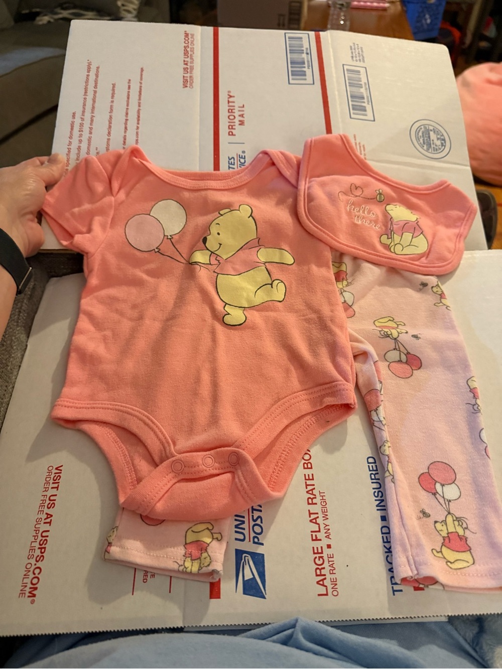 Disney Baby Girls Size 6-9 months 3 Piece Set Bodysuit Pants Bib Pink